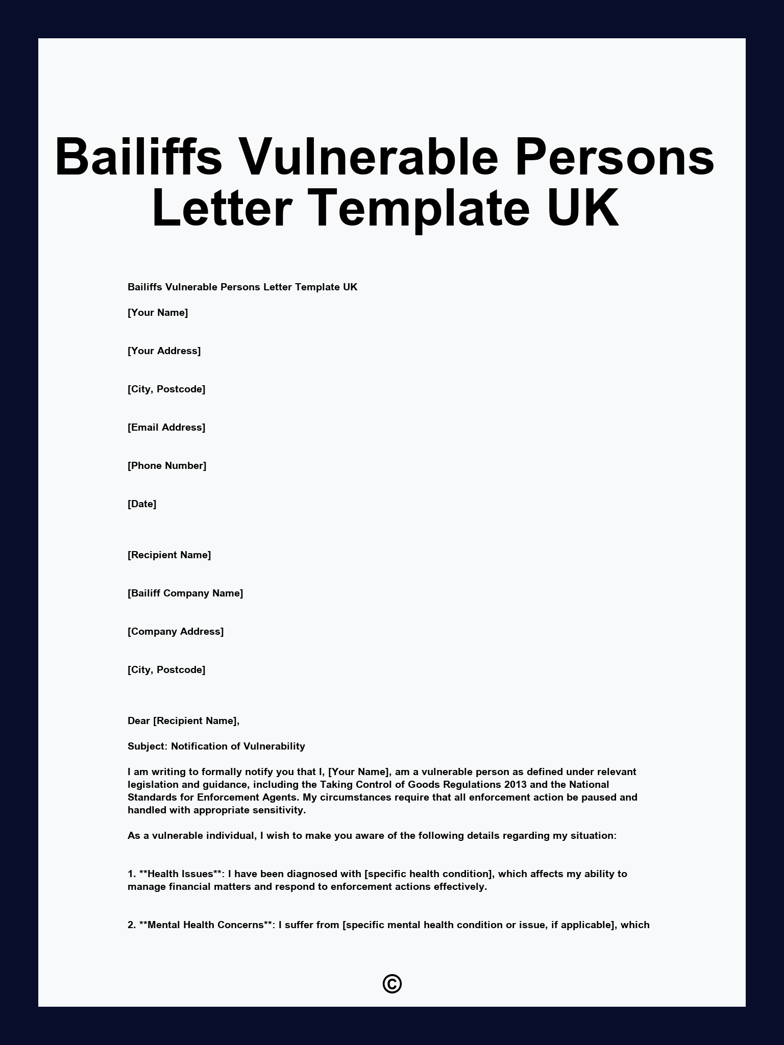 Bailiffs Vulnerable Persons Letter Template UK