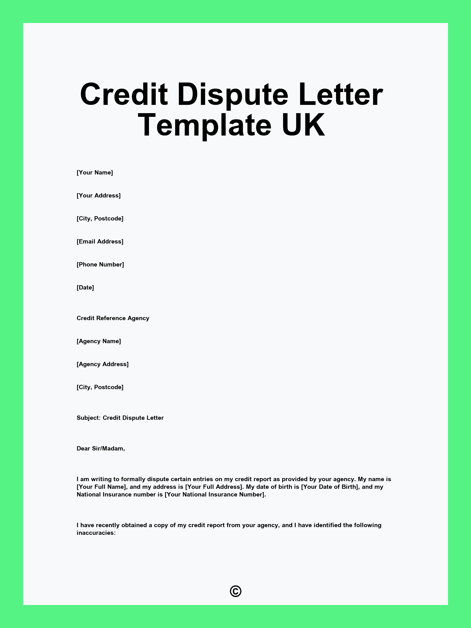 Credit Dispute Letter Template UK