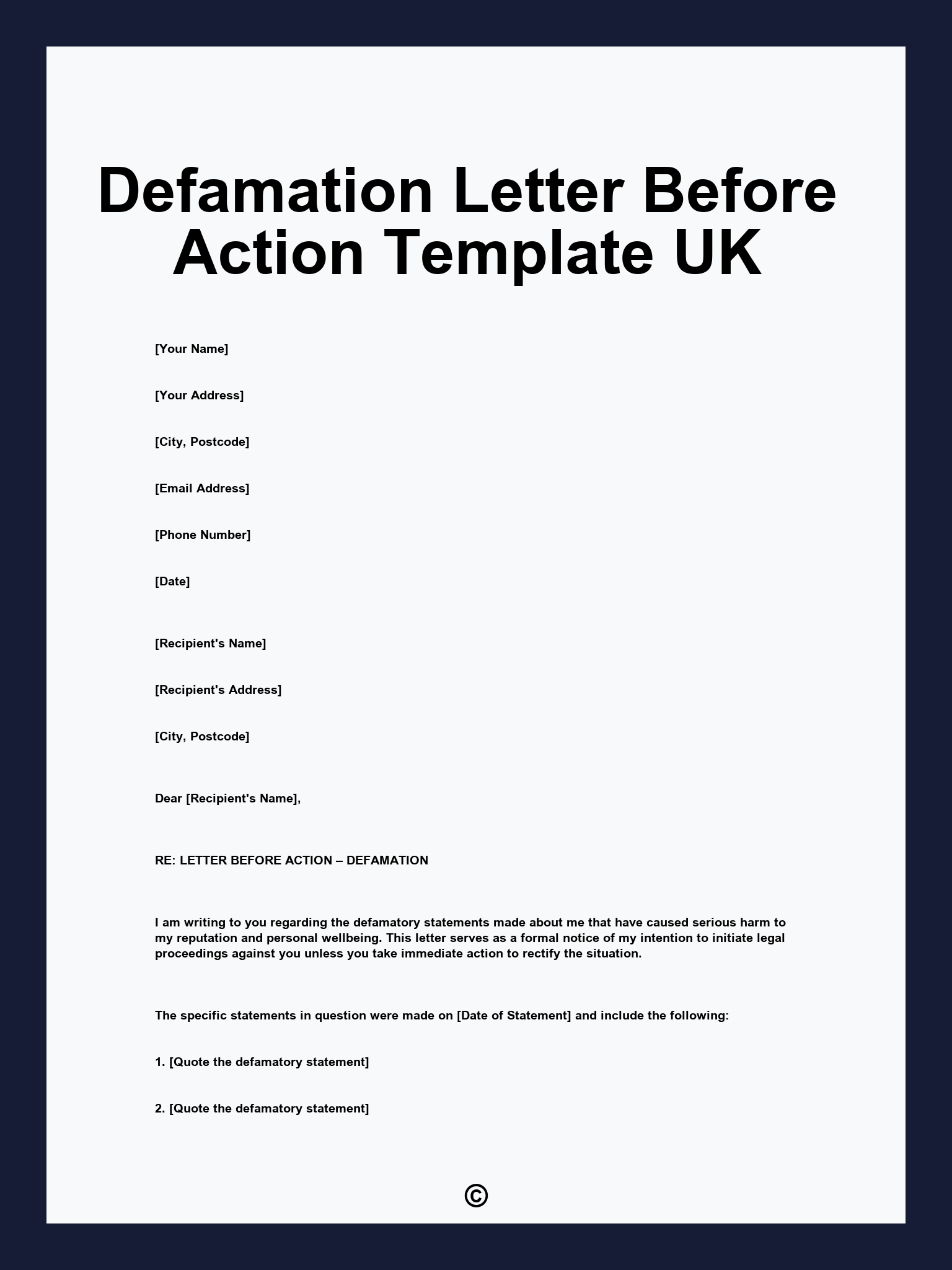 Defamation Letter Before Action Template UK