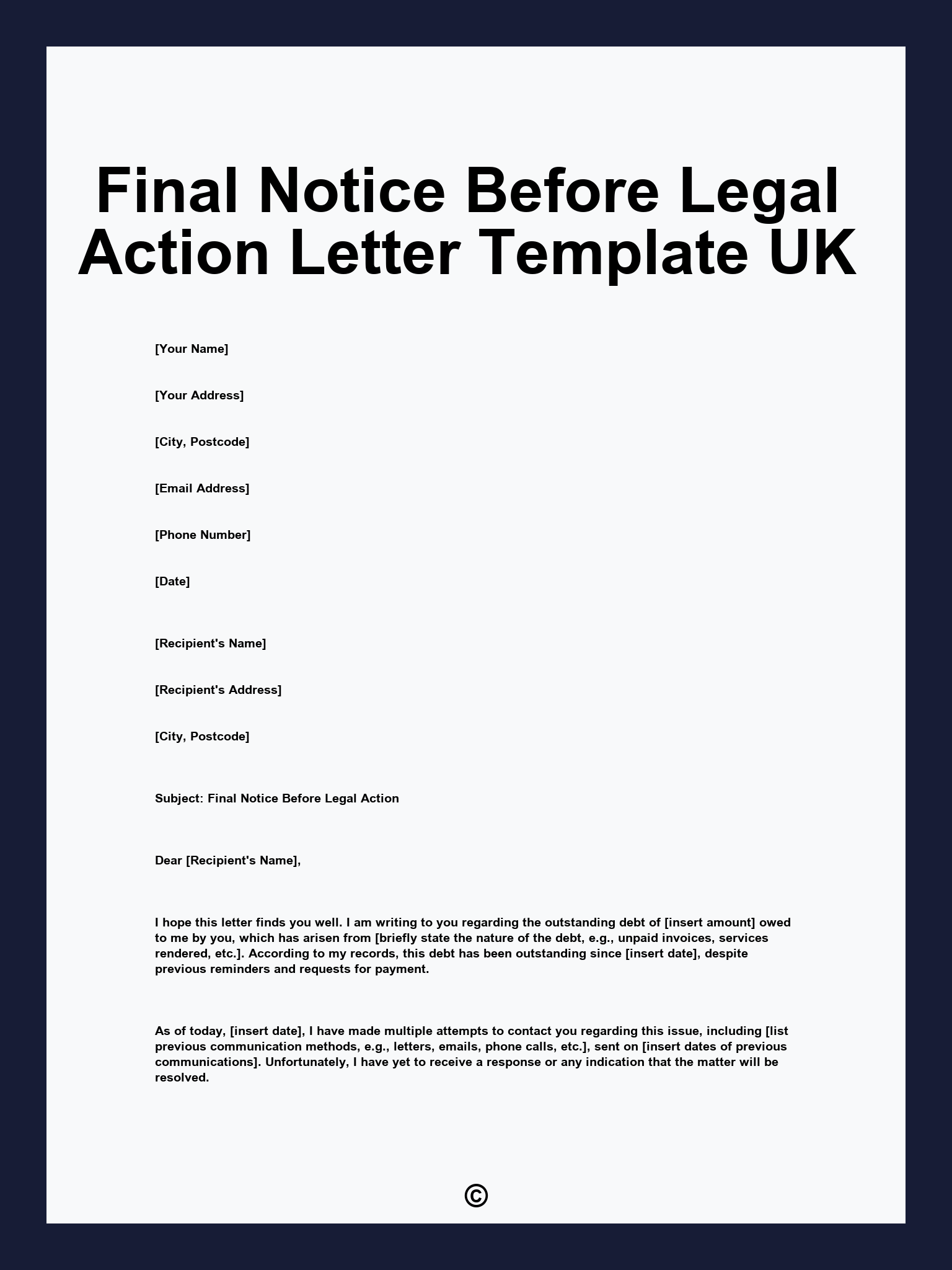 Final Notice Before Legal Action Letter Template UK