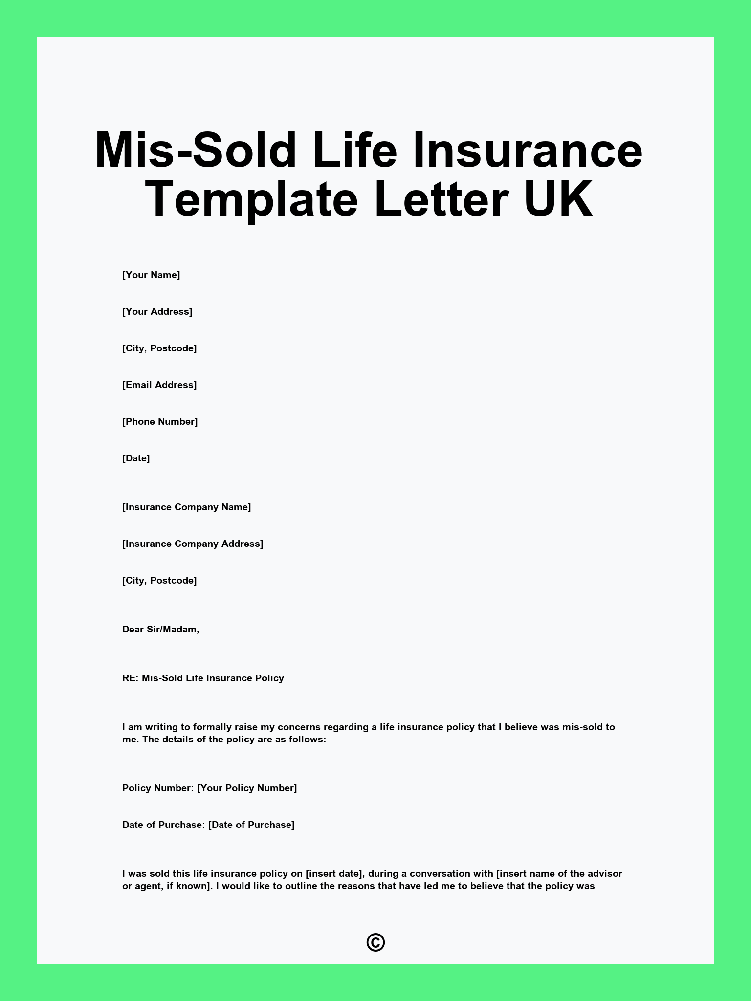 Mis-Sold Life Insurance Template Letter UK