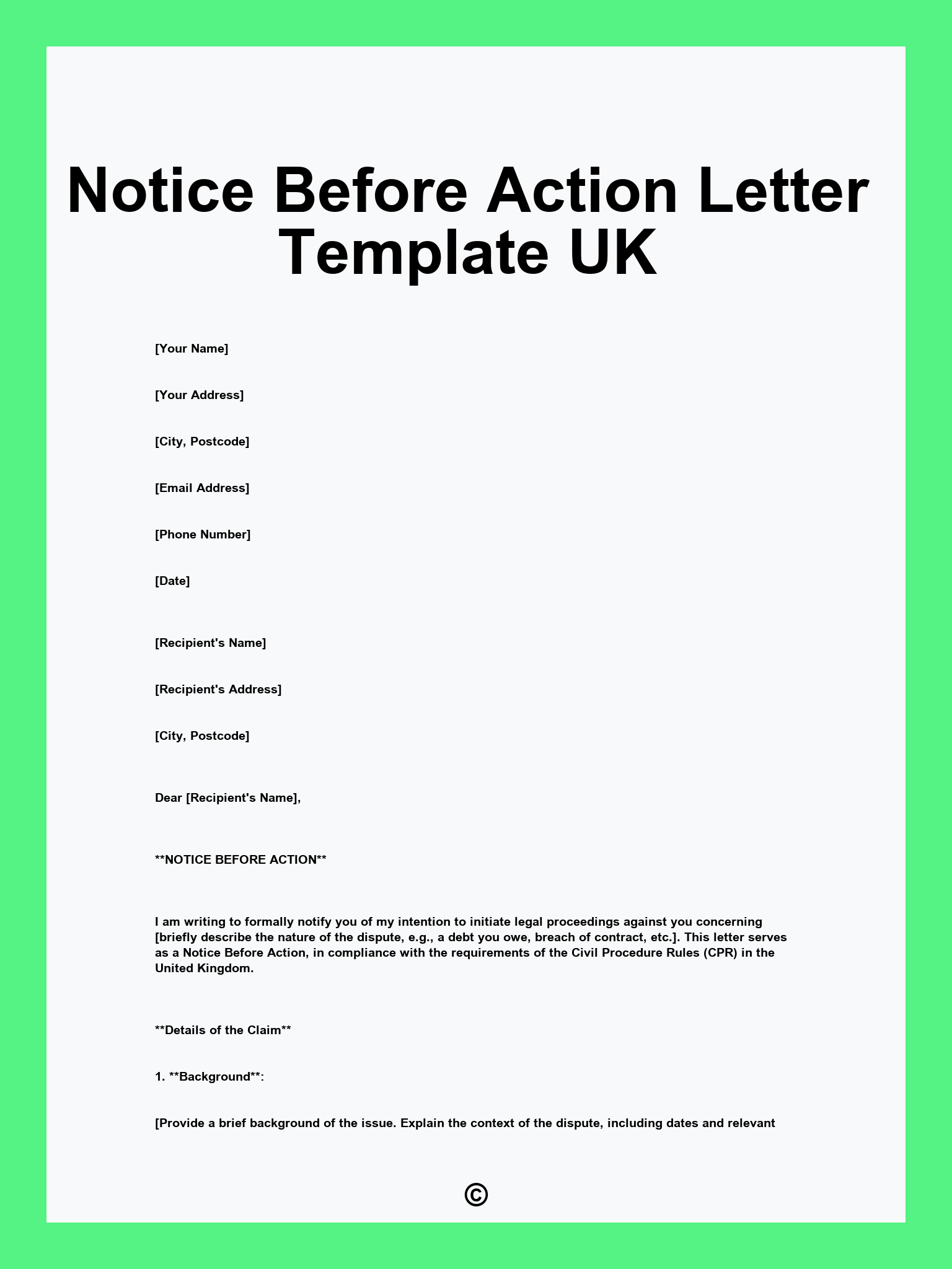 Notice Before Action Letter Template UK