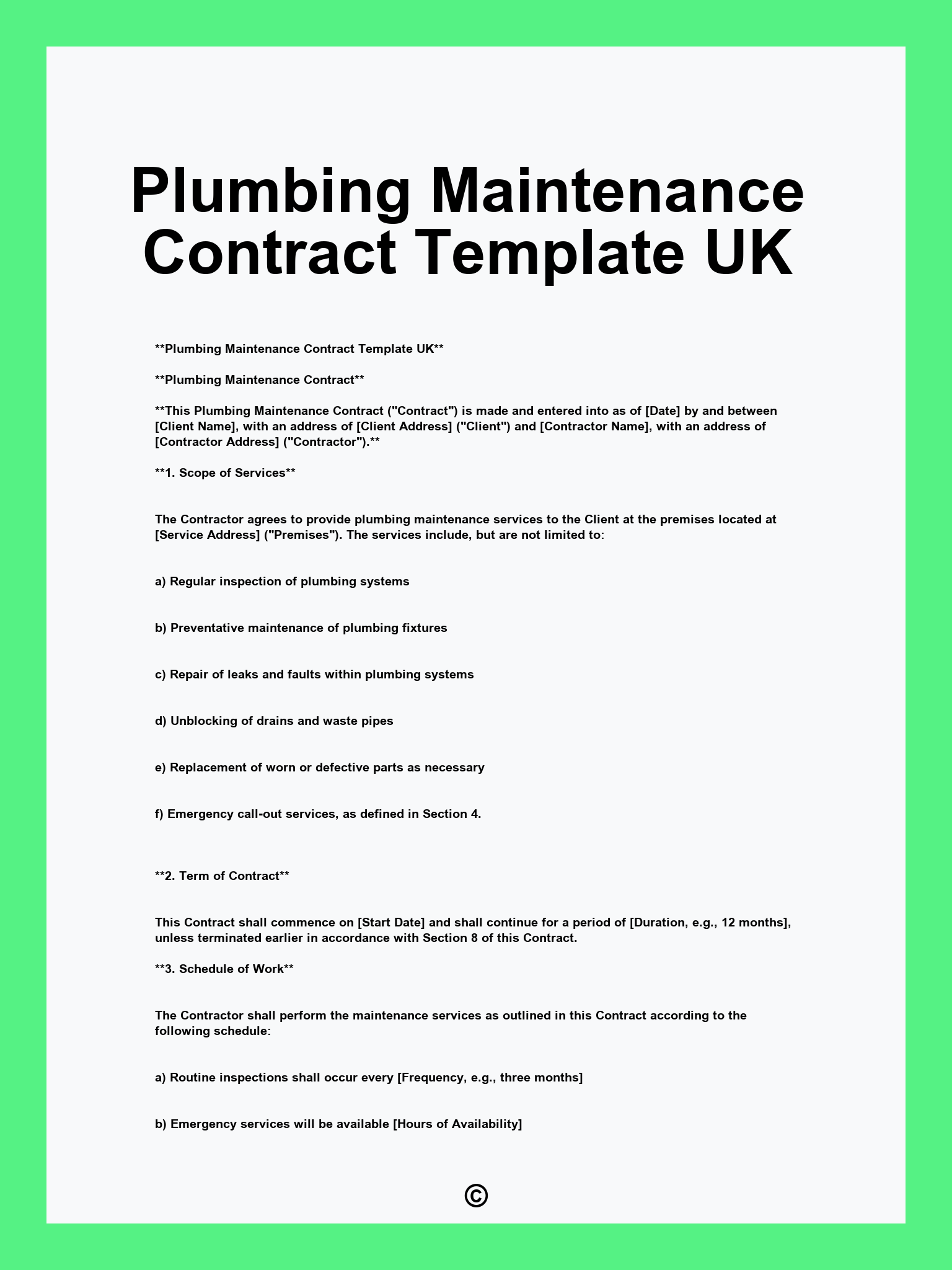 Plumbing Maintenance Contract Template UK