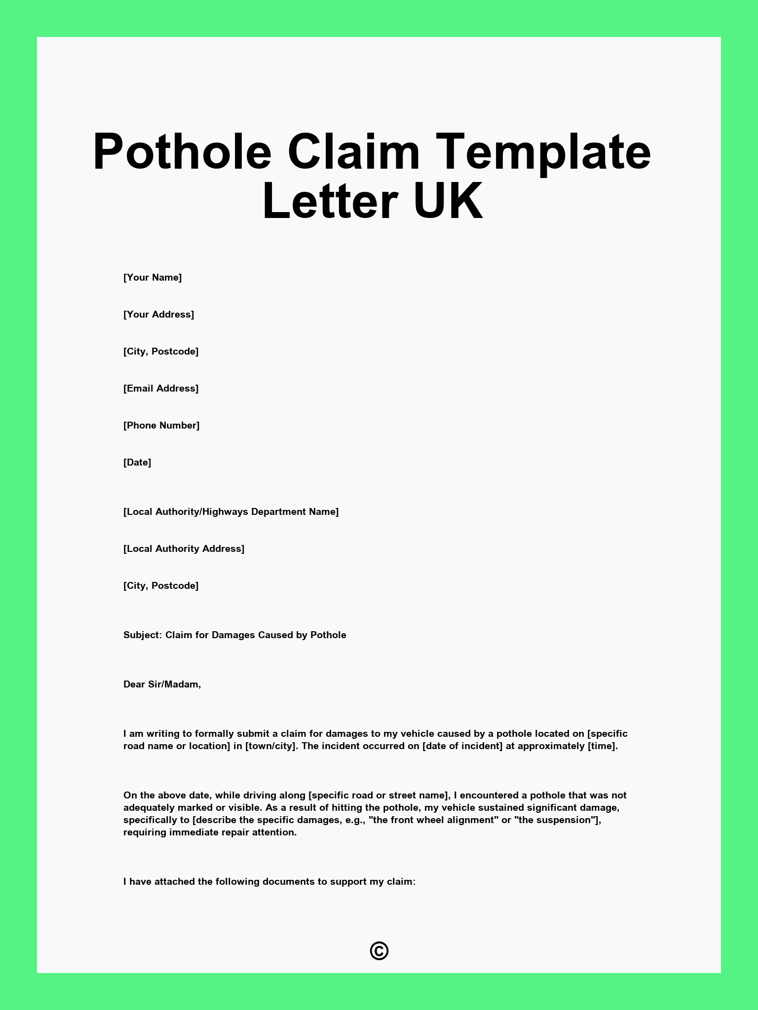 Pothole Claim Template Letter UK