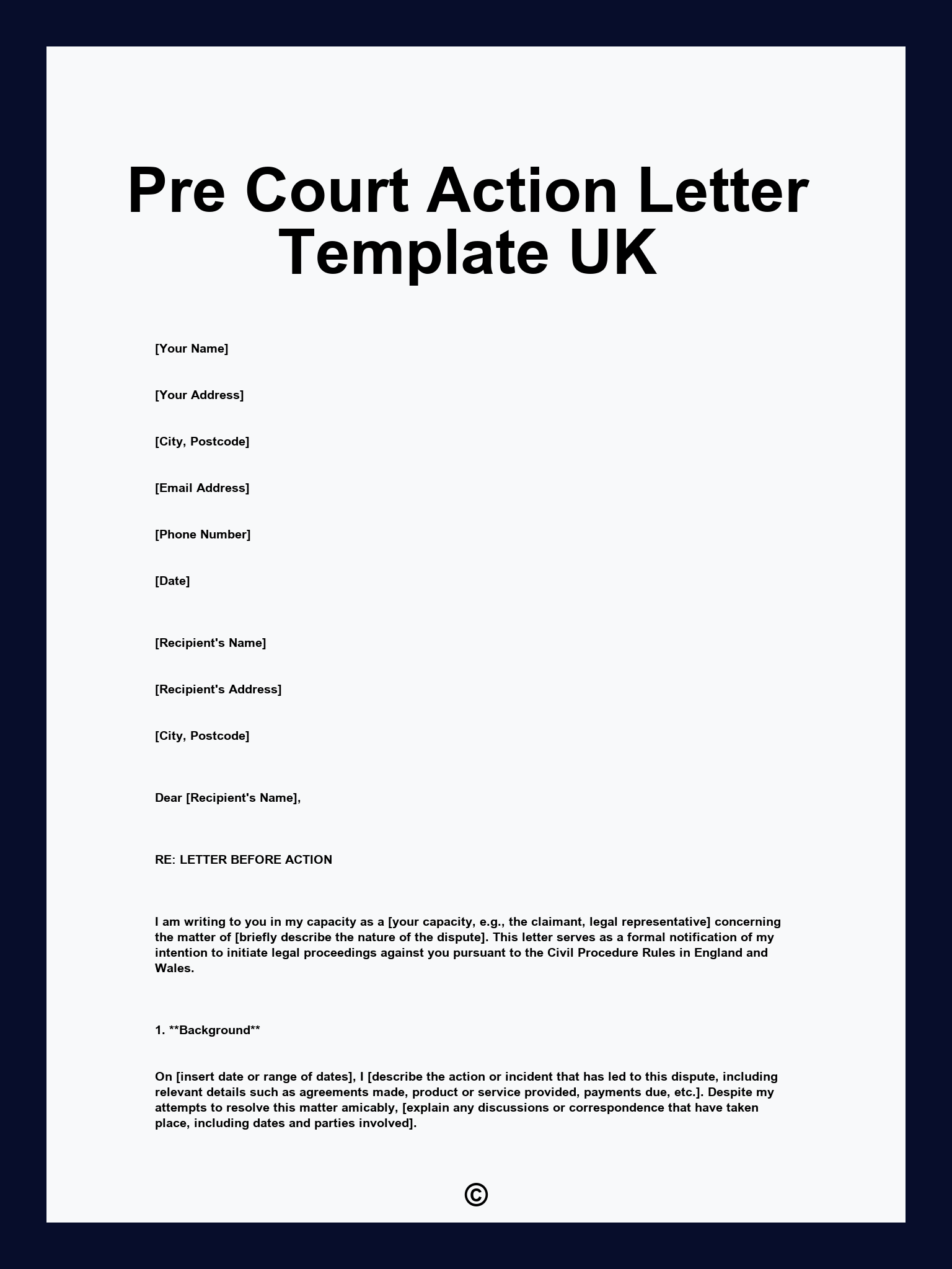 Pre Court Action Letter Template UK