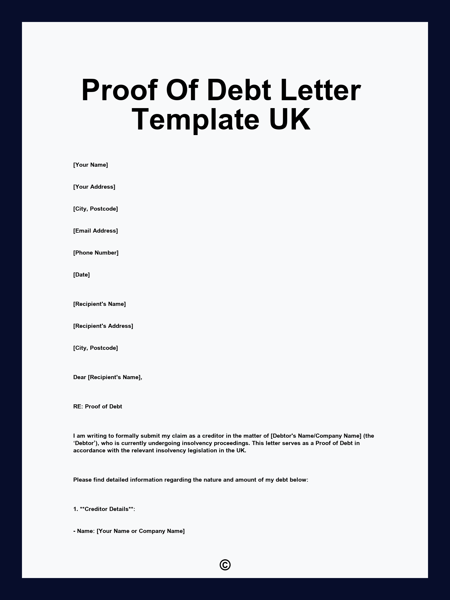 Proof Of Debt Letter Template UK