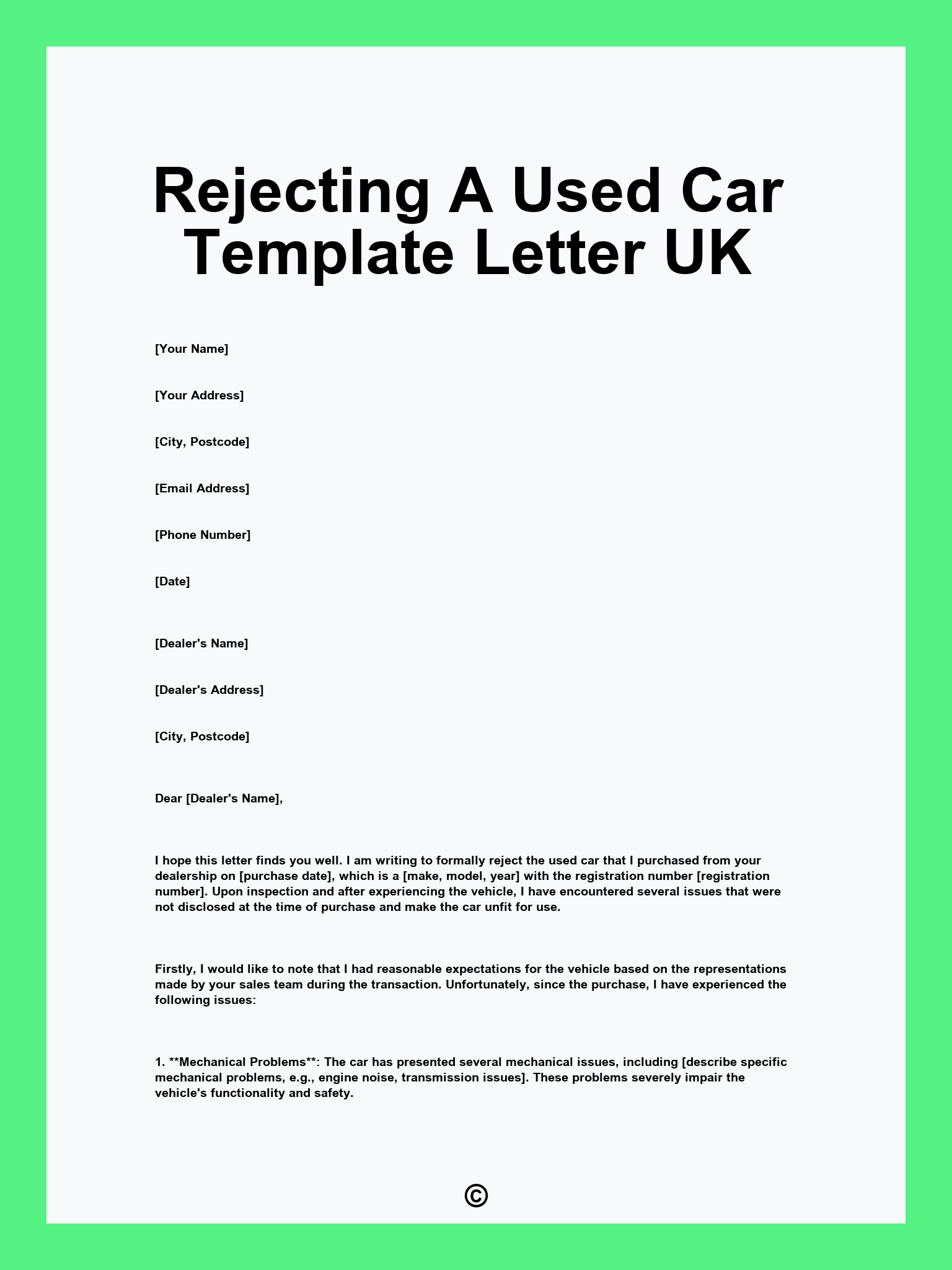 Rejecting A Used Car Template Letter UK