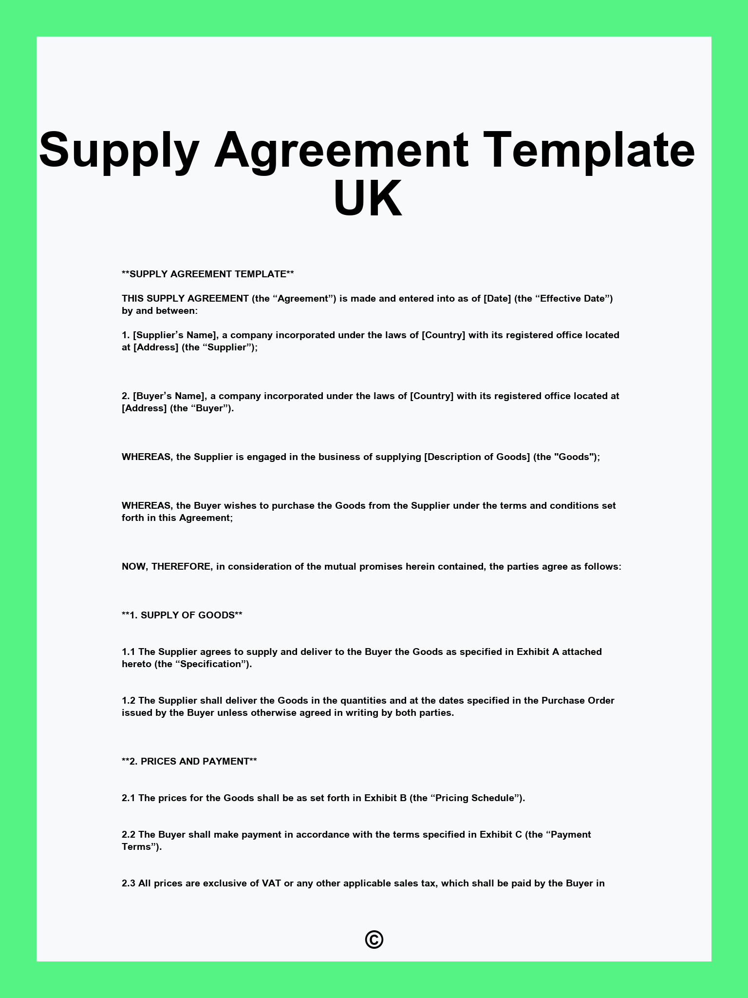 Supply Agreement Template UK