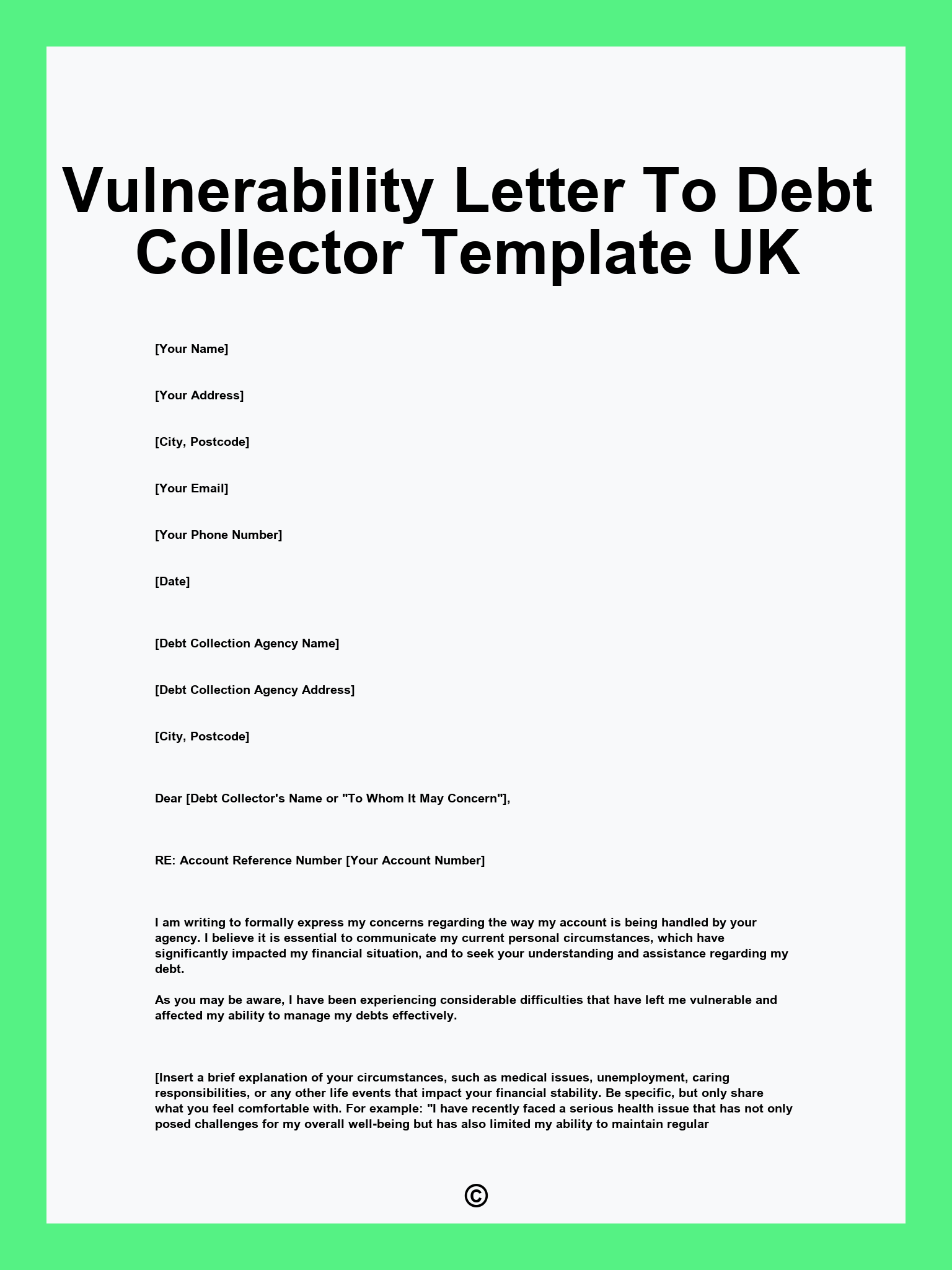 Vulnerability Letter To Debt Collector Template UK